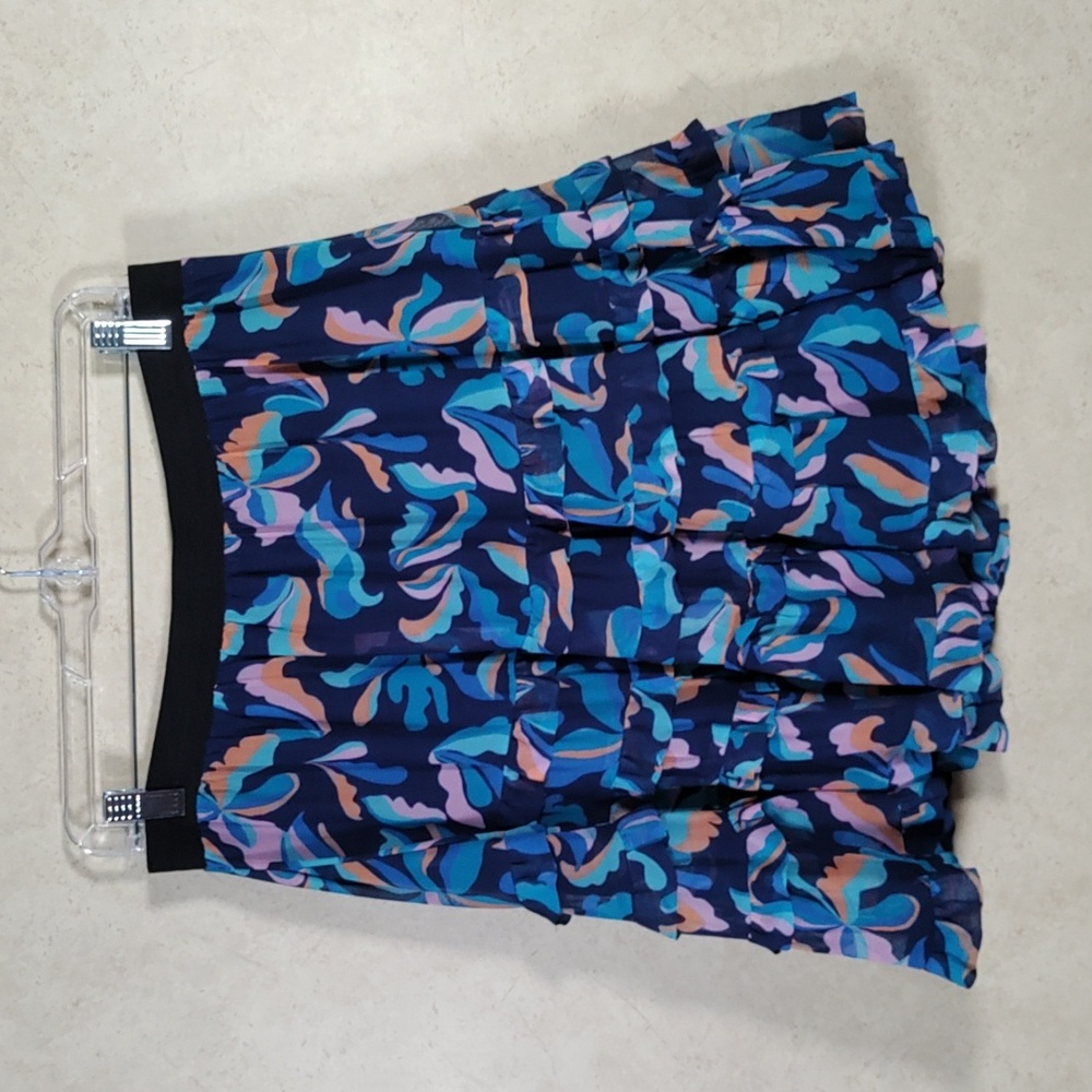 H188 Maeve by Anthropologie blue, tan & lavender ruffle skirt L